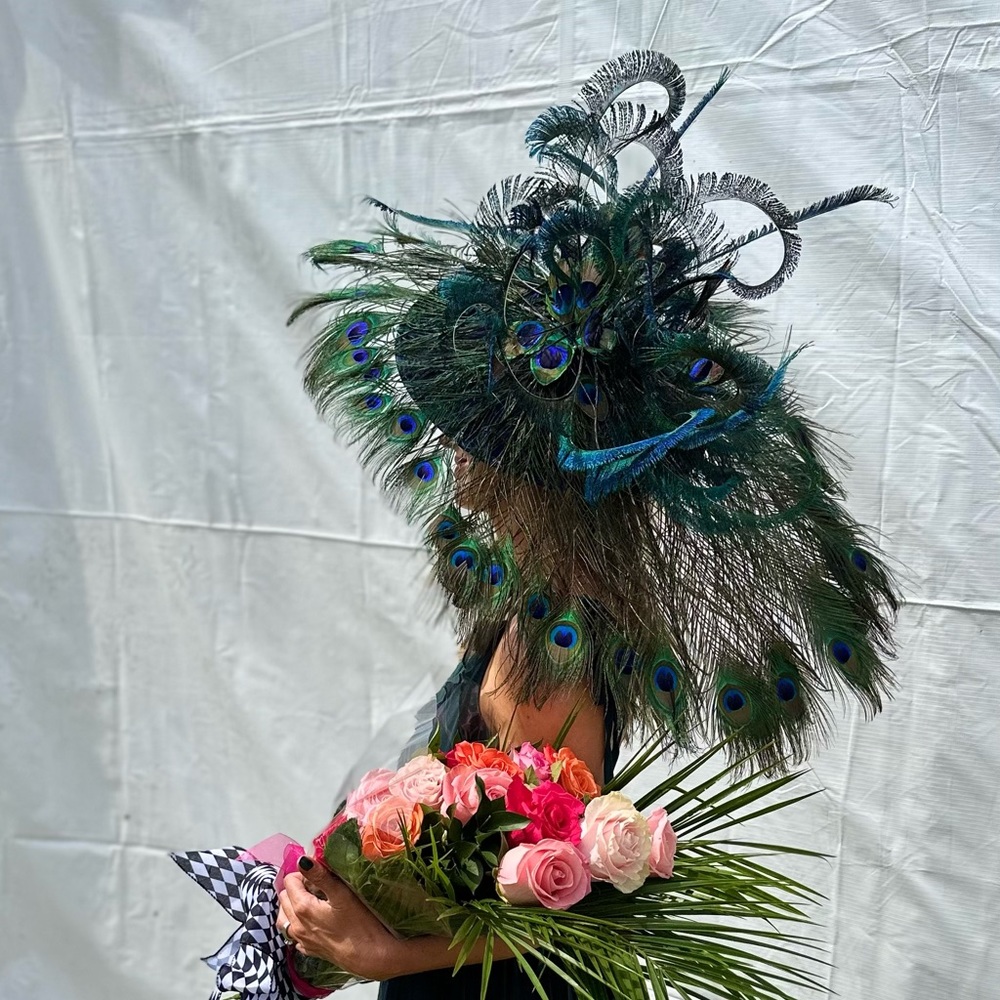 Custom made peacock feather derby hat.
